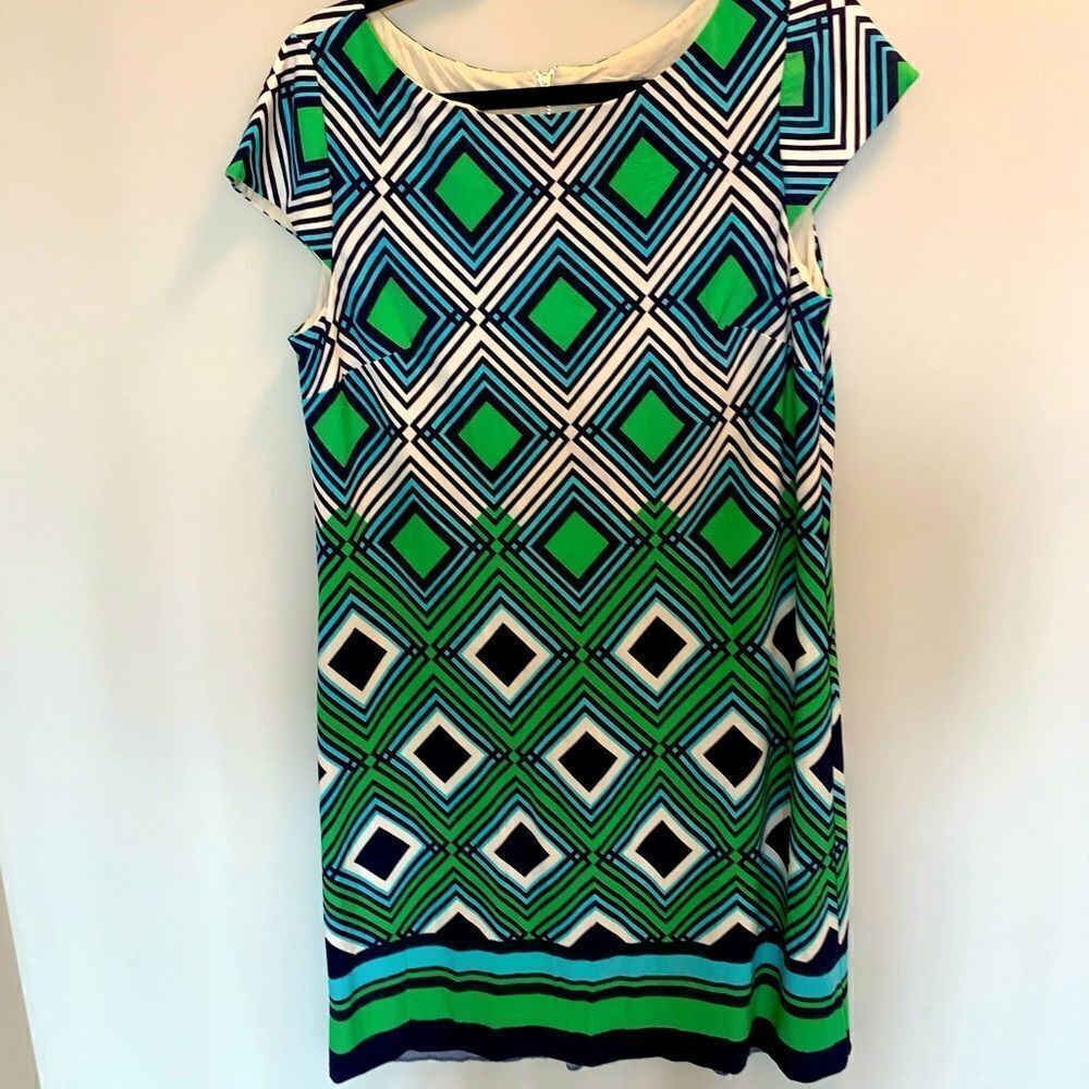 Eliza J size large geometric green blue dress